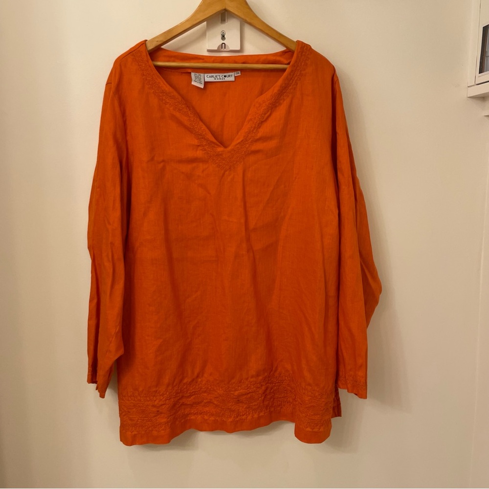 Carlie’s Court woman’s Bright Orange V-Neck Linen Tunic with embroidery, 3x